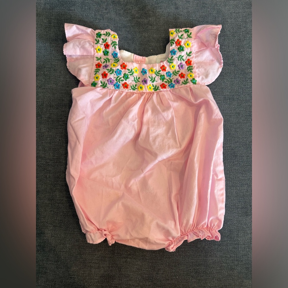 Pink Embroidered Flutter-Sleeve Baby One-Piece Bodysuit